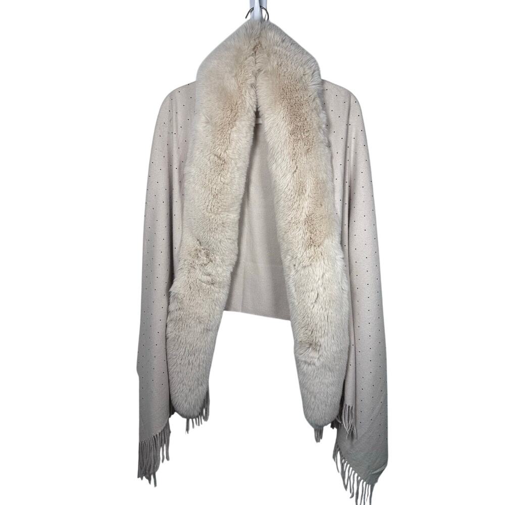 La Fiorentina Cream Beige Faux Fur Fringe Rhinestone Wrap Shawl Womens OS